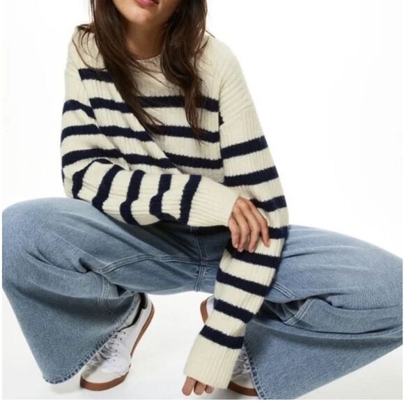 H&M Stripe Wool mixed Crewneck slouchy Sweater sz.L Gently used - Picture 1 of 11